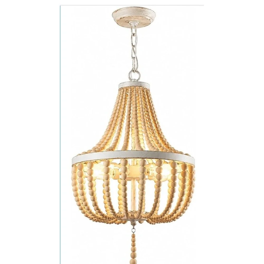 3-Light Wood Bead Chandelier Boho Light Fixture Antique Rustic Metal White Oak